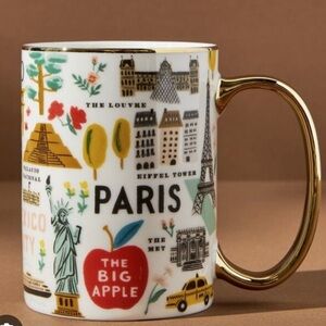 Anthropologie Rifle Paper Co. Bon Voyage Mug Gold City Icons Porcelain Coffee